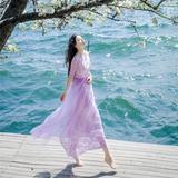 复古优雅紫色蕾丝网纱拼接大摆连衣裙仙 海边度假沙滩长裙夏季