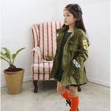 秋冬季韩版女童风衣外套纯棉中大童长袖中长款2015立领军绿色童装