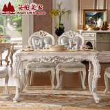欧式餐桌椅组合大理石长方形6人组合田园小户型饭桌白色实木雕花