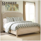 美式乡村实木床法式复古做旧橡木双人床1.8米布艺婚床样板房家具