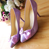 淡紫色手工单鞋 蝴蝶结高跟婚鞋 新娘伴娘鞋 优雅公主高跟女鞋