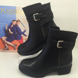 代购接吻猫女鞋2015年冬季新款牛皮圆头方跟绒里短靴K55714-01MD