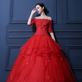 一字肩婚纱礼服韩式齐地婚纱红色中袖可定做大码显瘦新娘婚纱