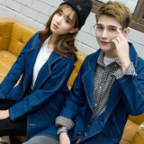 2016年韩版时尚中长款牛仔风衣外套青春学生装大衣男女