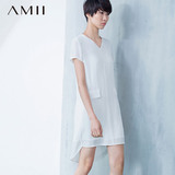 Amii[极简主义]2016夏新直筒V领假袋前短后长雪纺连衣裙11670759
