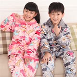 冬季男童女童中童大童孩子三层夹棉睡衣儿童加厚珊瑚绒保暖家居服