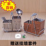 不锈钢筷子筒拉丝金挂式沥水双筒方形筷子架厨房餐具刀叉勺收纳盒