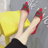 香港IT代购2016春新款漆皮水钻尖头平跟单鞋女平底鞋红色婚鞋瓢鞋