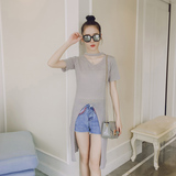 夏季新款韩版女装修身开叉中长款纯色镂空短袖显瘦薄款针织衫+P28