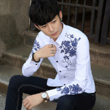 秋季男士长袖衬衫青年休闲衣服学生夏季印花潮流衬衣韩版修身寸衫