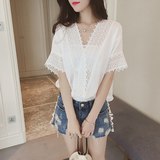 夏季韩版短袖百搭T恤宽松显瘦打底衫大码女装V领镂空蕾丝雪纺上衣
