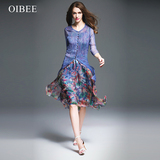 OIBEE欧洲站女2016夏新款连衣裙真丝印花长裙+两件套仙女大摆裙子