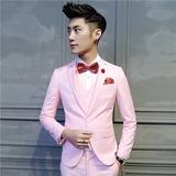 2016春季新款男式修身粉色小西装套装新郎结婚礼服男士韩版小西服