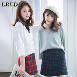 LRUD2016秋季新款韩版宽松纯色短款套头卫衣女百搭九分袖休闲上衣