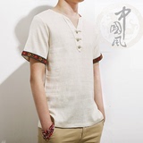 夏季民族风亚麻短袖T恤衫男士上衣大码体恤棉麻半袖中国风男装潮