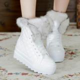 冬季韩版兔毛加绒短靴子白色坡跟厚底保暖棉鞋真皮内增高雪地靴女