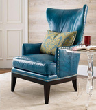 美式高靠背老虎椅欧式单人沙发椅皮艺地中海新古典洽谈椅蓝色沙发