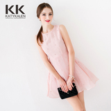 KK2016夏季新款女装 名媛粉色圆领水钻 欧根纱无袖中长款连衣裙