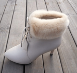 女鞋子2016新款冬季韩版尖头高跟系带马丁兔毛毛米白色雪地棉短靴