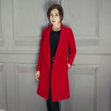 2016秋冬新款女装韩版修身显瘦中长款毛呢外套大红色羊毛呢子大衣