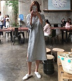 韩国秋装棉麻文艺范复古灰色竖条纹七分袖衬衫式连衣裙显瘦大码女