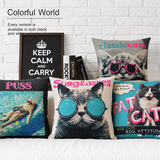 [范店]创意猫咪复古卡通棉麻抱枕套咖啡厅酒吧沙发靠垫套汽车靠枕