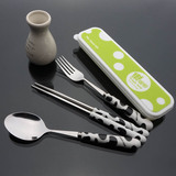 韩式不锈钢筷子勺子叉子套装 学生便携式三件套餐具 儿童餐具盒子