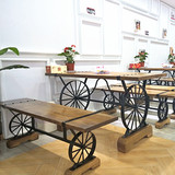 美式乡村咖啡厅长方形户外休闲餐桌组合车轮创意复古铁艺实木桌椅