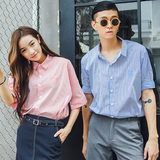 韩国ulzzang东大门男装女装情侣装宽松版条纹短袖衬衫T恤小清新潮
