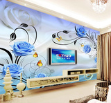 电视背景壁纸客厅卧室大型壁画墙纸定制墙布无缝3D立体蓝色玫瑰花