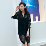SAU2015女装韩版长款衬衫女前短后长镂空网纱长袖衬衣雪纺蕾丝衫