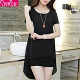 新款夏季韩版显瘦雪纺衫时尚短袖T恤宽松中长款大码黑色打底裙女