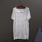 2016年夏季新品韩版竖条纹中长款T恤女短袖宽松大码显瘦木代尔棉