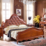 高档做旧实木床真皮 复古卧室美式双人床乡村 深色欧式床1.8米