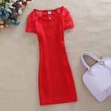 2016女夏季新款镂空短袖蕾丝连衣裙 复古修身显瘦包臀一步裙红色