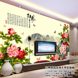 中式牡丹花山水画电视背景墙纸无缝大型壁画沙发客厅卧室装饰壁纸