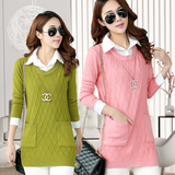 女士毛衣中长款纯色羊毛衫套头衬衣领假两件女韩版针织女子打底衫