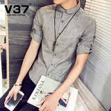 V37夏季男装男士衬衫男薄款修身亚麻衬衣青年男生韩版寸衫衣服潮