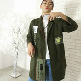 【JM】韩国代购款 街头贴布印花做旧军绿西装领中长风衣外套男女