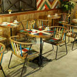 美式复古实木咖啡厅桌椅组合 简约米字面圆形桌子甜品奶茶店桌椅