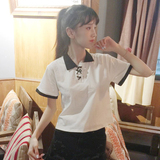 夏季女装韩版小清新领口系带短款宽松短袖t恤学生休闲上衣打底衫