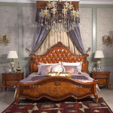欧式卧室新法式双人床头层黄牛皮床实木框架纯手工雕花古典卧室床