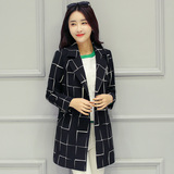 春秋装新款2016女装韩版中长款修身长袖格子西装女士休闲风衣外套