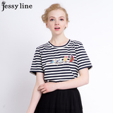 jessy line2016夏装新款 杰茜莱条纹显瘦百搭卡通印花短袖T恤 女