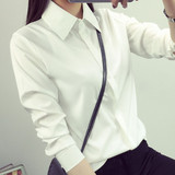 2015秋装新款韩版修身女士衬衫百搭职业大码打底衫白色长袖衬衫女