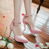 2016春夏尖头单鞋高跟侧空粉色淑女鞋细跟红色伴娘鞋一字扣带凉鞋