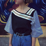 2016夏装新款女装五分袖不规则宽松上衣学生韩版潮民族风条纹T恤