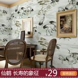 中国风水墨画仙鹤壁纸古典中式客厅玄关书房卧室电视沙发背景墙纸