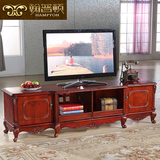 翰普顿 红橡实木雕花美式电视柜 欧式深色客厅电视柜带抽屉储藏柜