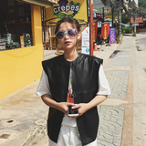 韩国ulzzang夏装女装圆领气质拉链无袖马甲背心开衫PU皮外套时尚